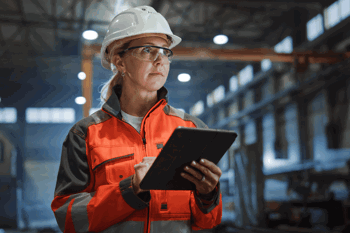 Woman in facctory wearing hard hat