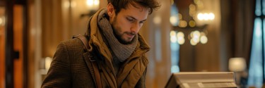 Young man using check-in kiosk