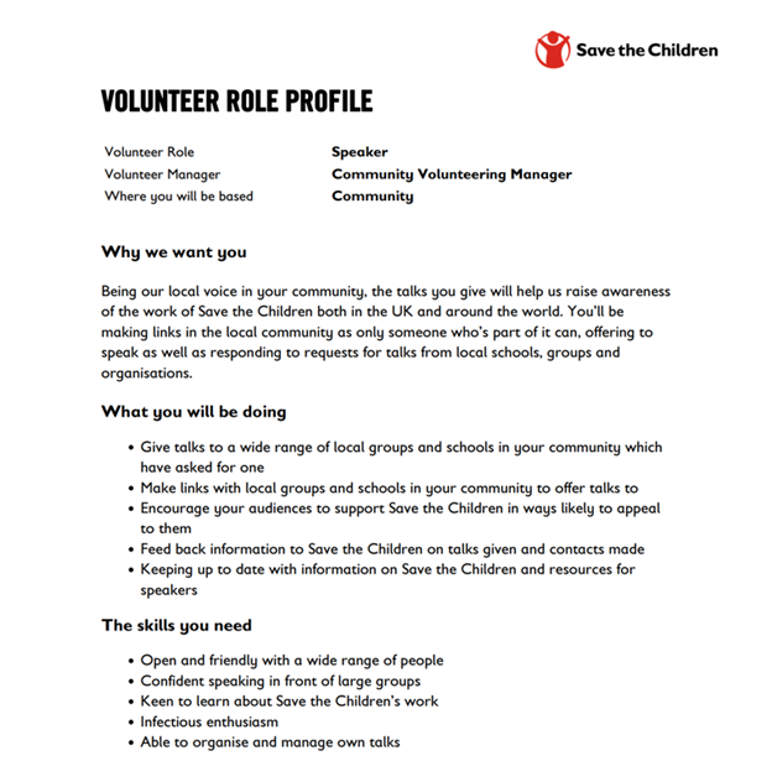 Save the children volunteer role profile