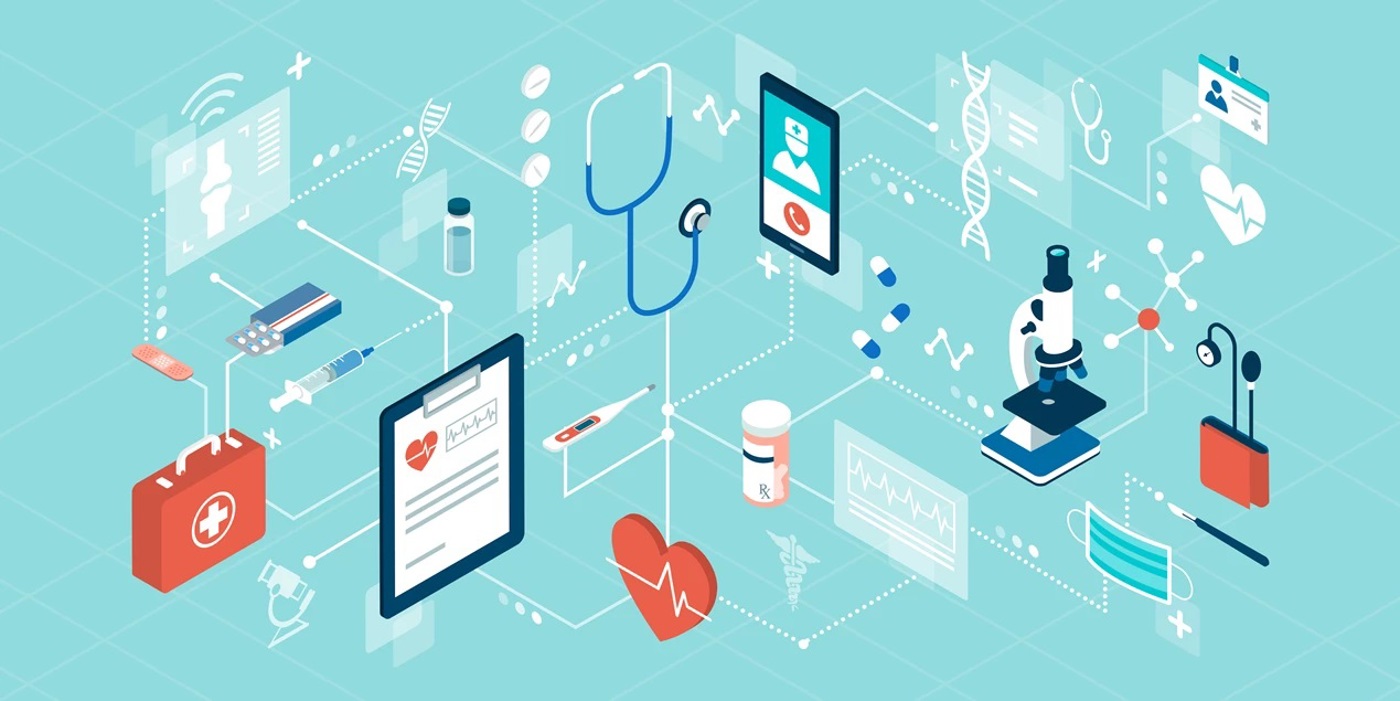 Enlarged what is telehealth explained visually with an illustration of screens in healthcare