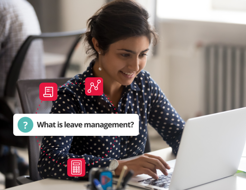 Lady looking at laptop with text on image 'What is leave management?'