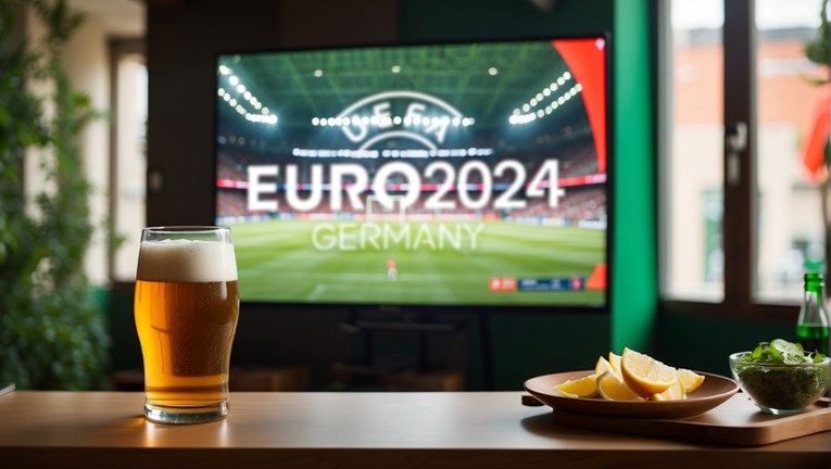 A bar with a pint in front of a large screen showing the Euro 2024 football
