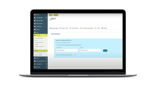Donorfy Gift Aid screenshot on laptop