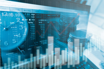 An image of digital graphs, clocks, and coins stacked up to represent the evidence for ICB funding