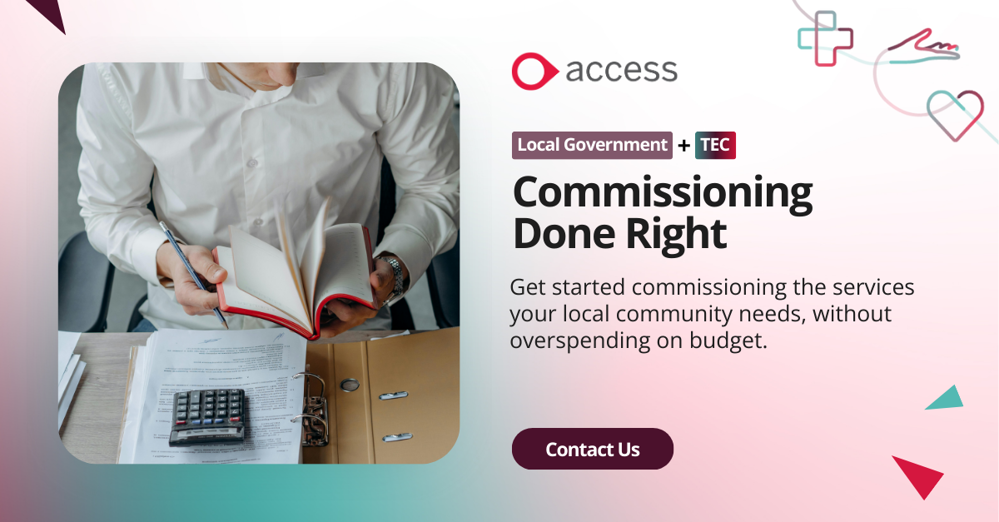 An advertising banner promoting The Access Group's local government commissioning solutions, such as Access Adam.
