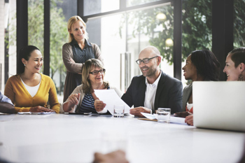 Group of workers in a discussion