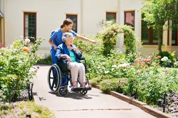 A client being pushed in their wheelchair in a sunny garden.