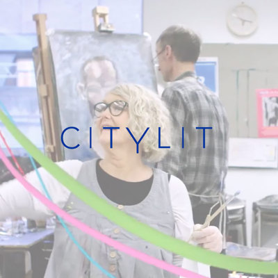 Two people painting in an art studio, with the ‘CityLit’ logo across the image